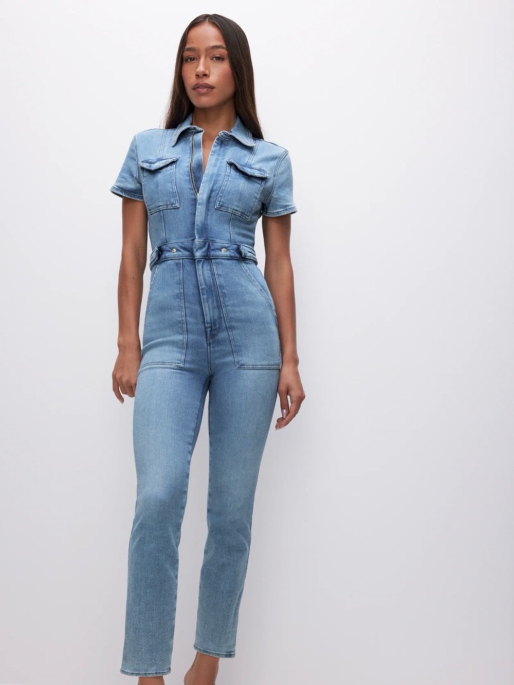 Good American Fit for Success Light Blue Denim Straight-Leg Jumpsuit